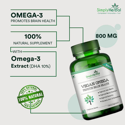 Simply Herbal Vegan Omega 3 Extract (DHA 10%) for Brain Function 500mg - 60 Capsules
