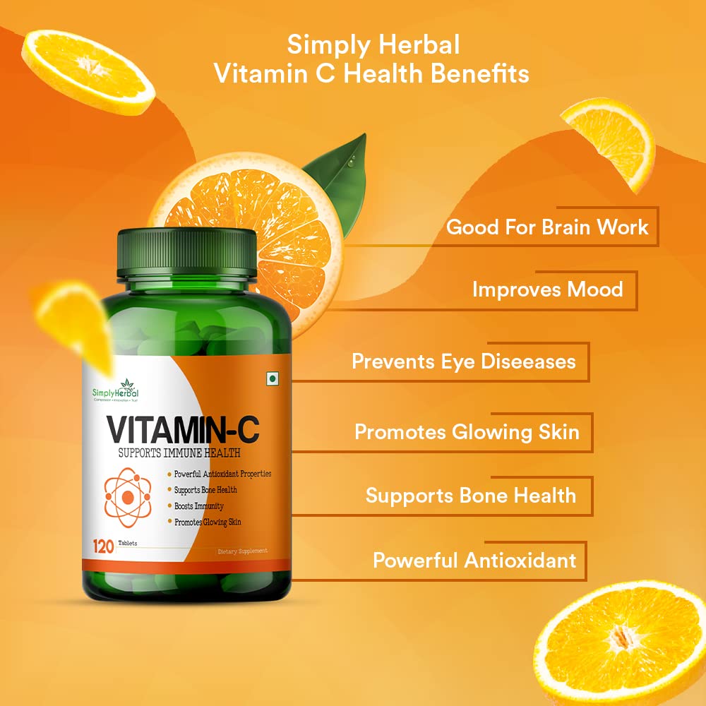 Simply Herbal Vitamin-C for Glowing Skin, Bone & Immune Health 1000mg - 120 Tablets