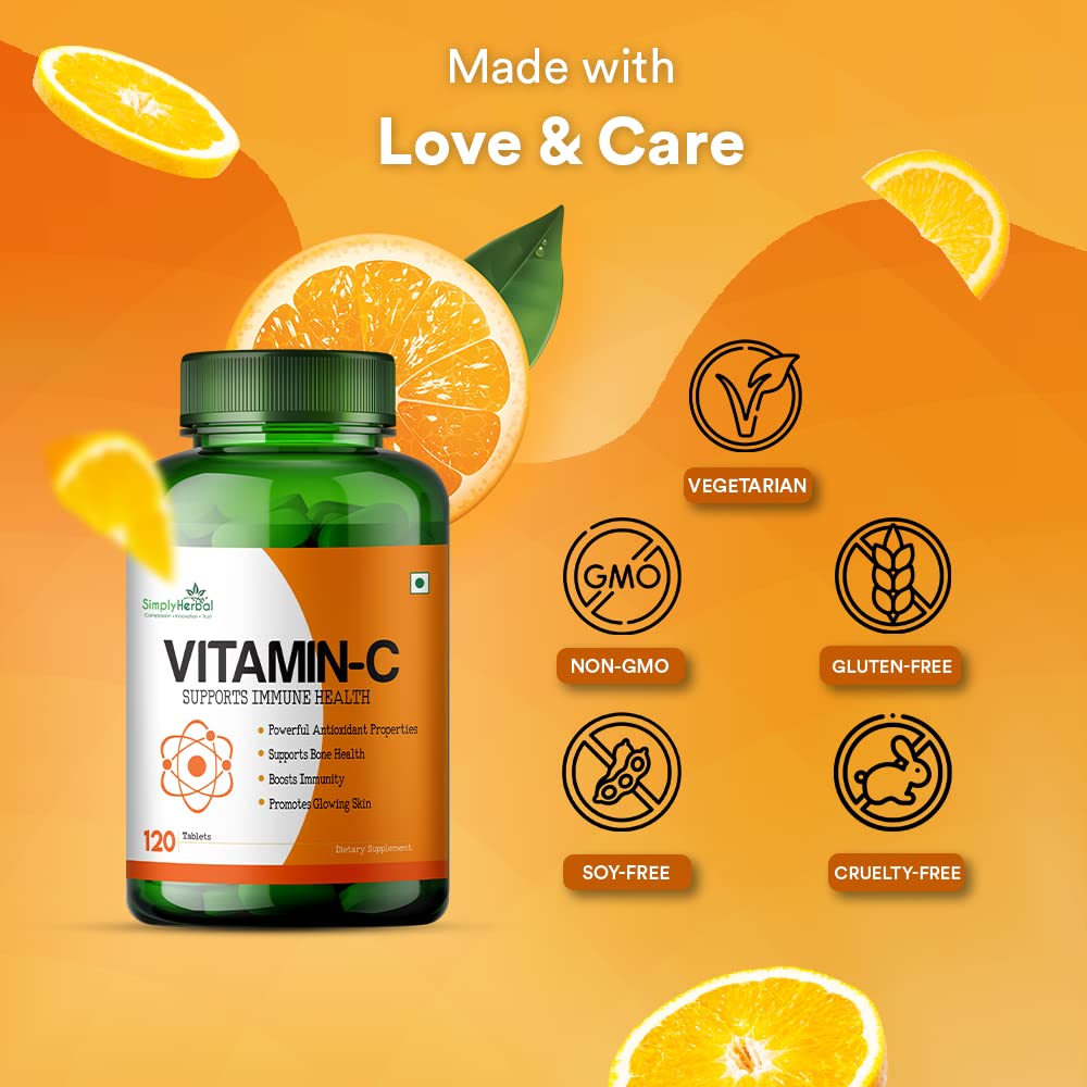 Simply Herbal Vitamin-C for Glowing Skin, Bone & Immune Health 1000mg - 120 Tablets