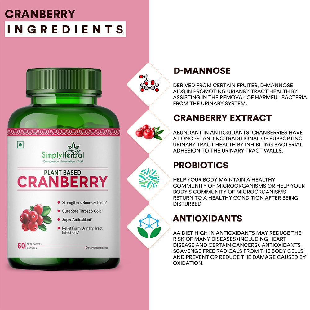 Simply Herbal D Mannose Cranberry Urinary Tract Health 800MG –60 Capsules