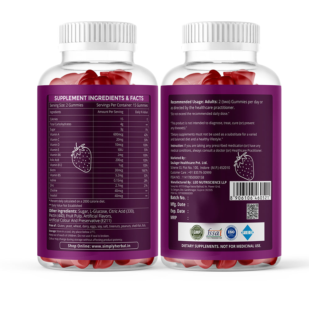 Simply Herbal Hair Vitamin Gummies with Biotin, Keratin & Vitamin A, C, D, E, B5, B6, B12 -30 Gummies