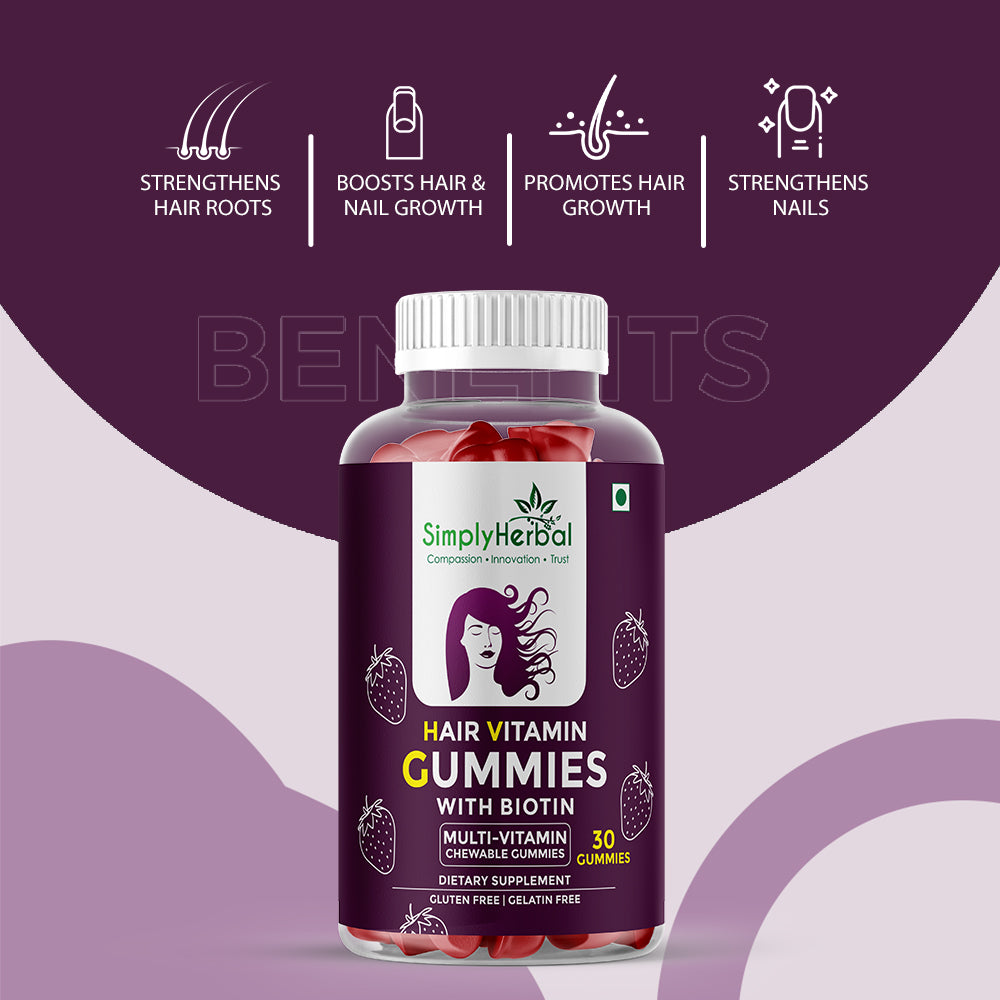 Simply Herbal Hair Vitamin Gummies with Biotin, Keratin & Vitamin A, C, D, E, B5, B6, B12 -30 Gummies