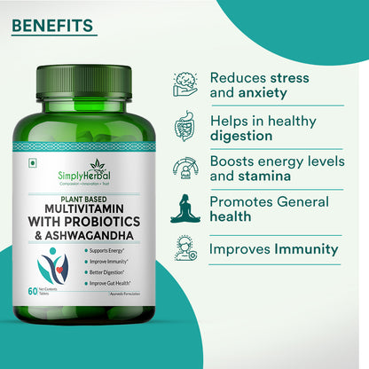 Simply Herbal Multivitamin With Probiotics & Ashwagandha Enriched With 45 Ingredients 60 Tablets