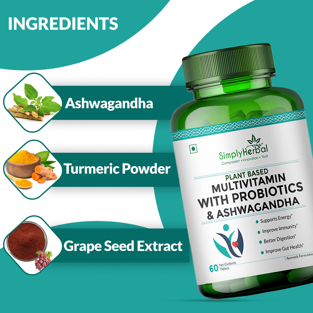 Simply Herbal Multivitamin With Probiotics & Ashwagandha Enriched With 45 Ingredients 60 Tablets