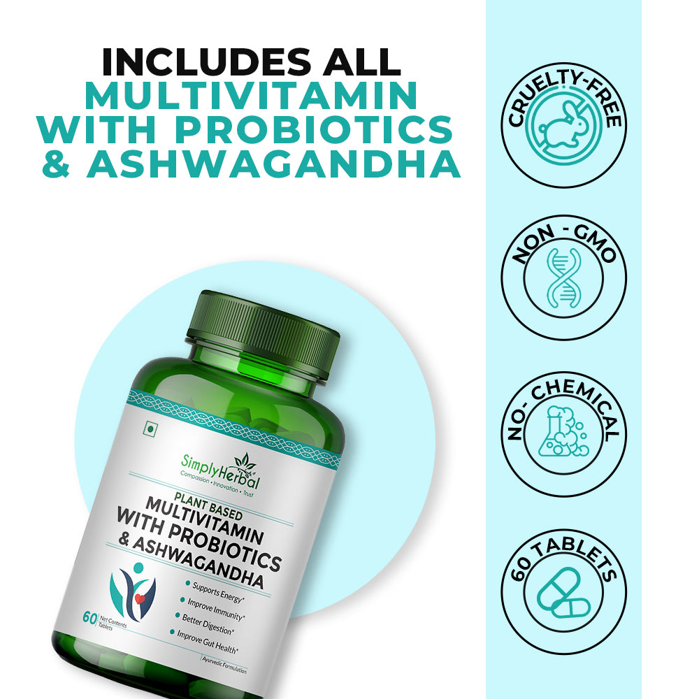 Simply Herbal Multivitamin With Probiotics & Ashwagandha Enriched With 45 Ingredients 60 Tablets