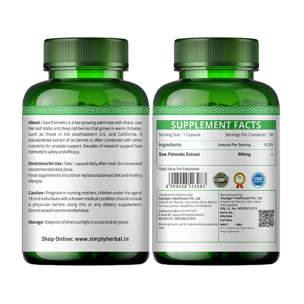 Simply Herbal Saw Palmetto Extract Prostate Health & Hair Growth 800mg -30 Capsules