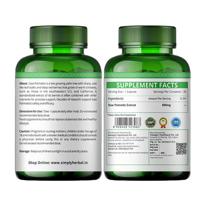 Simply Herbal Saw Palmetto Extract Prostate Health & Hair Growth 800mg -30 Capsules