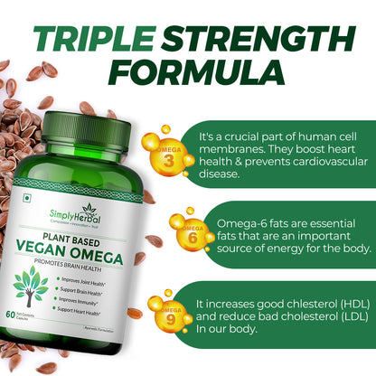 Simply Herbal Organics Pure Vegan Omega 3 6 9 Capsules 500mg Supplement Triple Strength Flaxseed, DHA for Heart, Joint & Brain Health, Immunity Booster - 60 Capsules