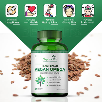 Simply Herbal Organics Pure Vegan Omega 3 6 9 Capsules 500mg Supplement Triple Strength Flaxseed, DHA for Heart, Joint & Brain Health, Immunity Booster - 60 Capsules