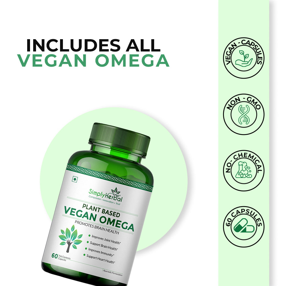 Simply Herbal Organics Pure Vegan Omega 3 6 9 Capsules 500mg Supplement Triple Strength Flaxseed, DHA for Heart, Joint & Brain Health, Immunity Booster - 60 Capsules