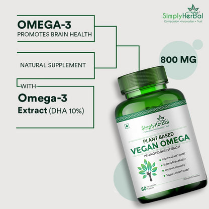 Simply Herbal Organics Pure Vegan Omega 3 6 9 Capsules 500mg Supplement Triple Strength Flaxseed, DHA for Heart, Joint & Brain Health, Immunity Booster - 60 Capsules